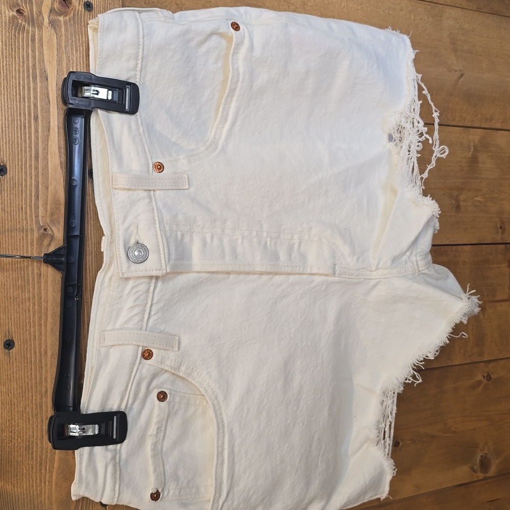 Levi's 501 Off-White High Rise Button Fly Distressed Jean Shorts